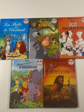 Vintage Lot of 5 Disney Kids Hardcover books in French Lion King + Homeschool